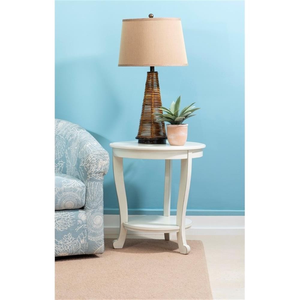 Pemberly Row Round Transitional Wood Side Table with Shelf in White Multi-Step