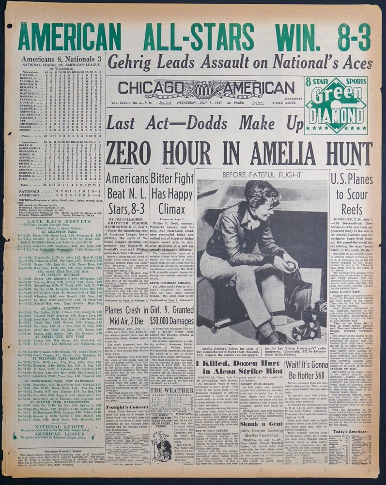 1937 Chicago Newspaper - Zero Hour in Hunt For Missing Amelia Earhart