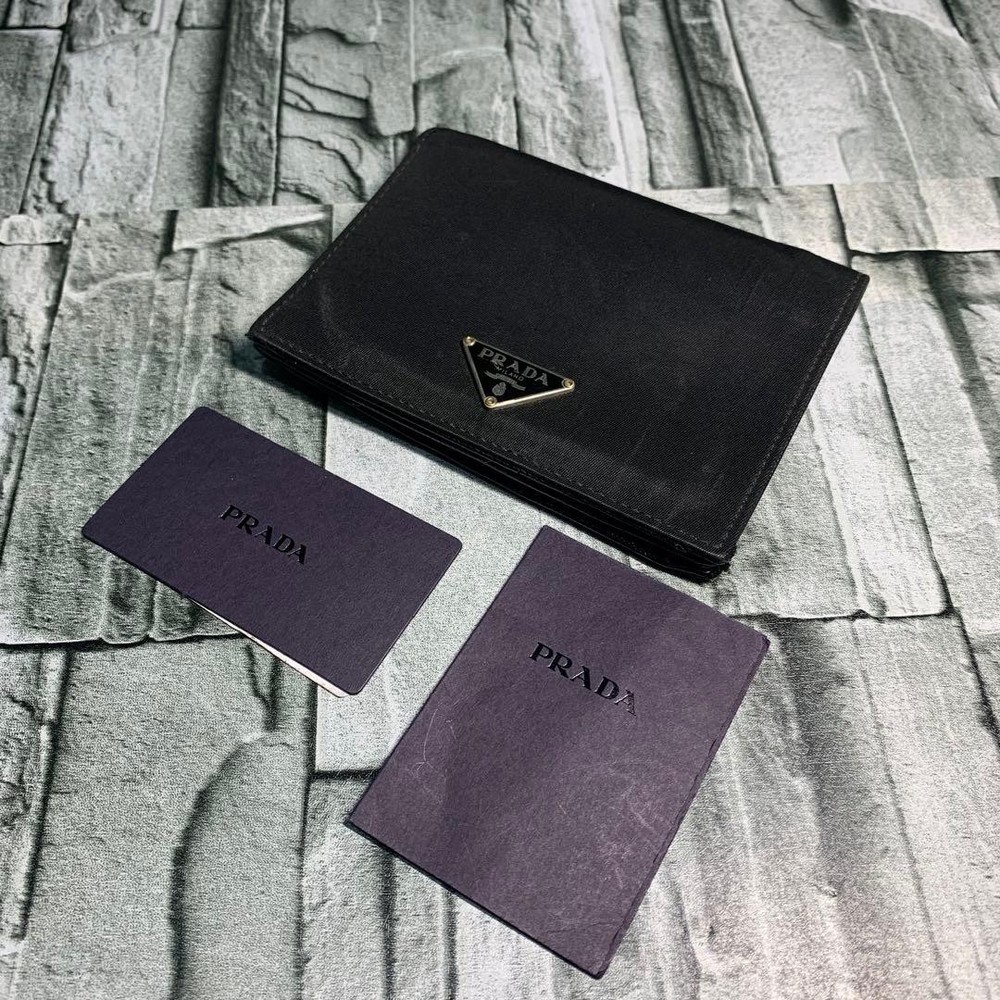 PRADA Two-Fold Wallet Nylon Leather Silver Triangle Logo Black