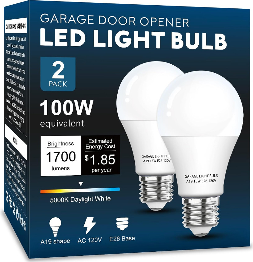 Garage Door Opener LED Light Bulb 2 Pack，15W Equivalent to 100W Garage Light Bul
