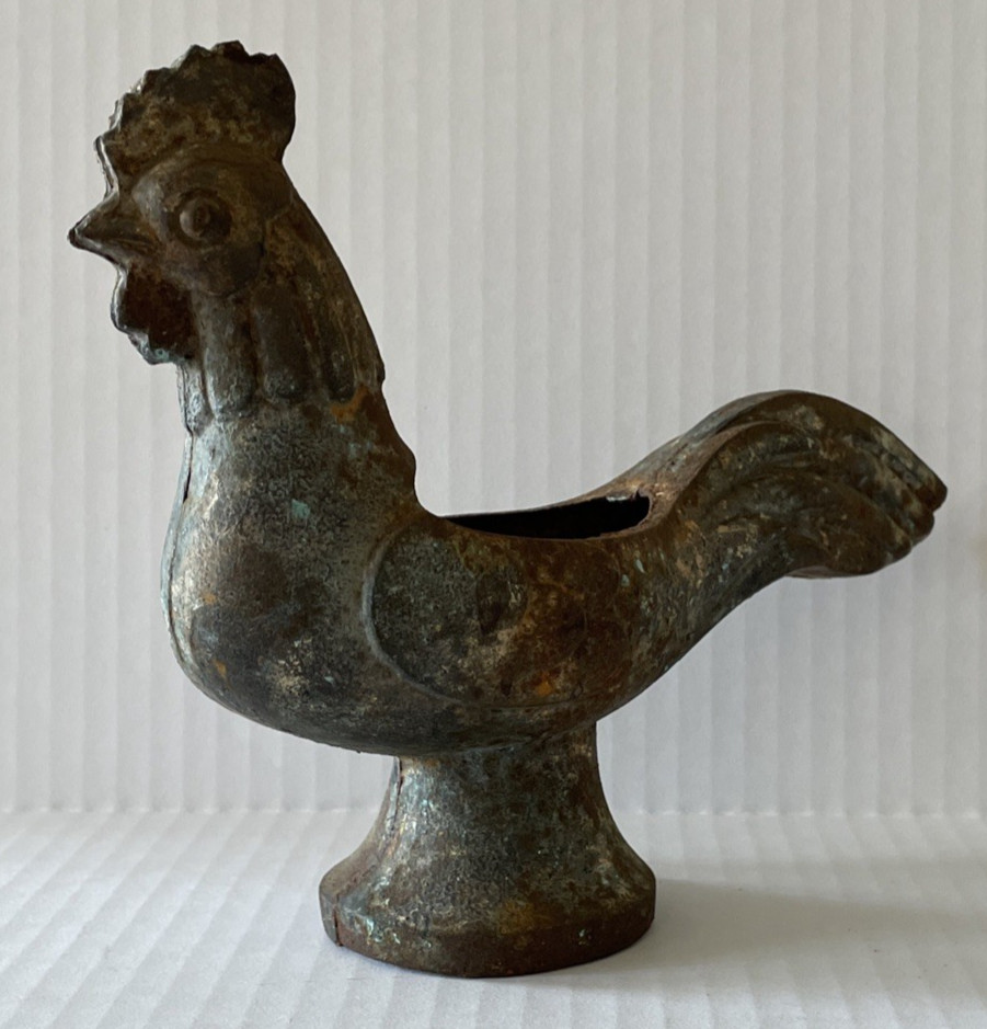 Antique Primitive Cast Iron Urn Rooster Incense Burner