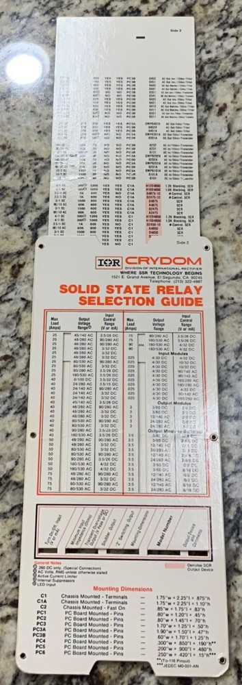 1985 Crydom Solid State Relay Selection Guide AC/DC Rectifier Vintage Slide Rule