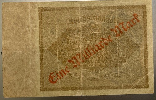 1922 German 1 billion Mark banknote, hyperinflation