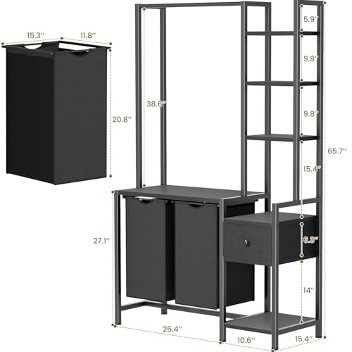 Laundry Hamper with Shelf, 5 Tiers Tall Laundry Basket Sorter with 2 Pull Black
