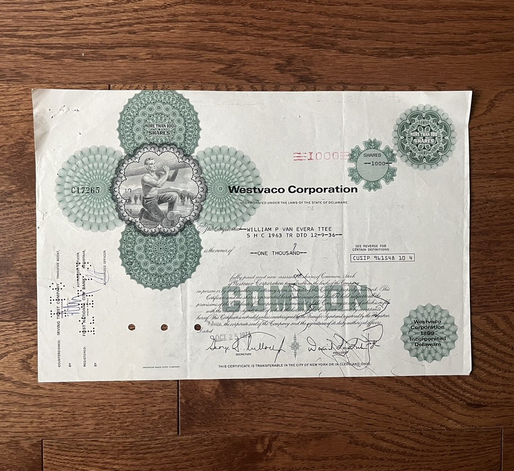 Vintage Westvaco Stock Certificate