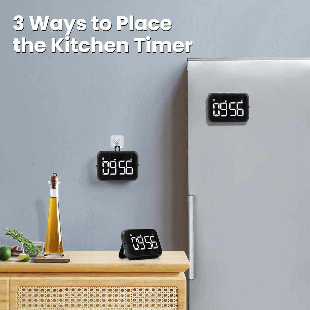 USB Rechargeable Digital Kitchen Timer with Large LCD Display, Black