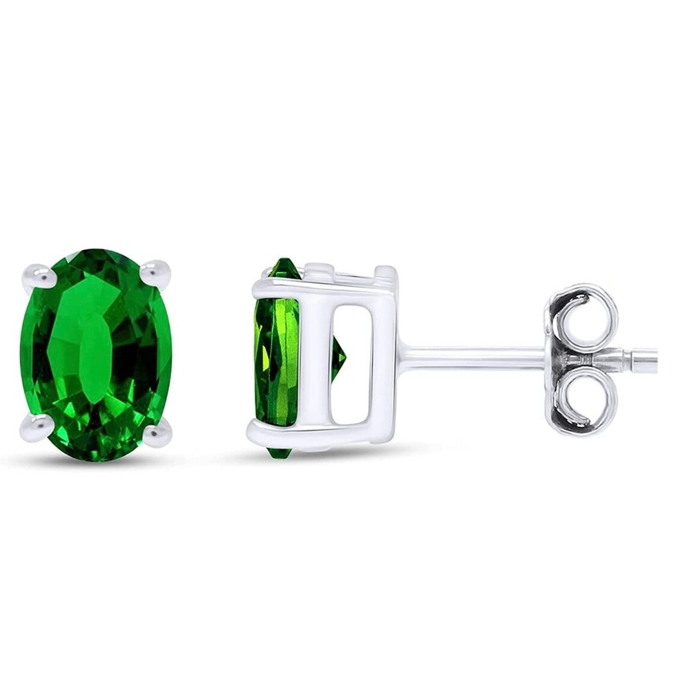 2.00 CTTW Solid .925 Sterling Silver Lab Created Oval Emerald Studs