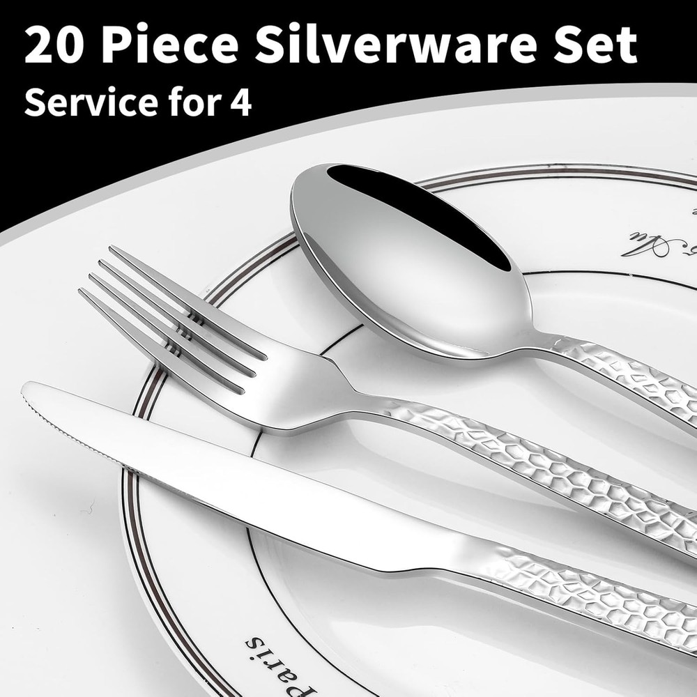 20-Piece Silverware Set, Hammered Stainless Steel Flatware Set for 4, Kitchen Ut