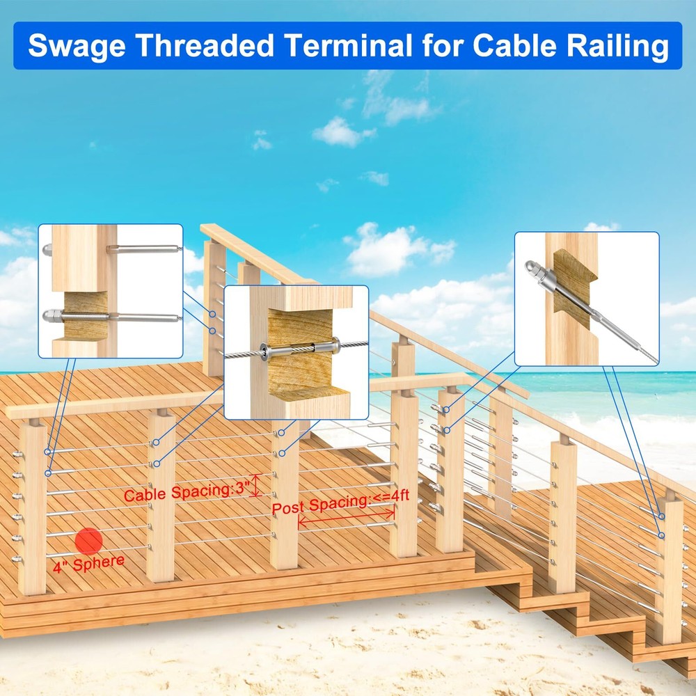 10 Pack Cable Railing Swage Threaded Stud Tension End Fitting Terminal For 1/8"