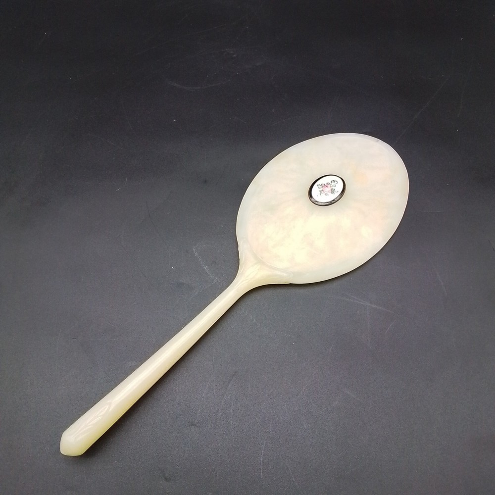 Oval HAND MIRROR Lt.Tan, Beveled Edges & Glass, Bakelite Plastic