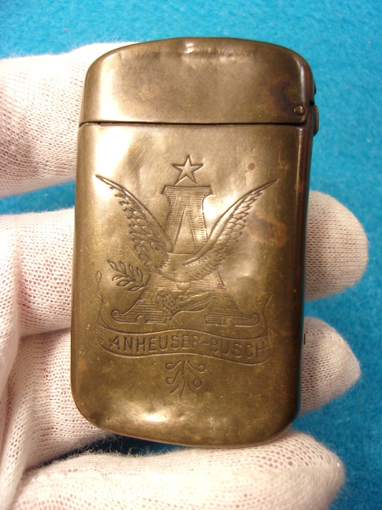 EXTREMELY RARE OLD VTG ANTIQUE SOLID BRASS "ANHEUSER BUSCH" MATCH SAFE / VESTA