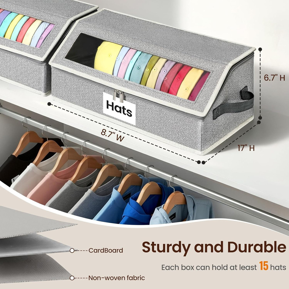 Hat Organizer for Baseball Caps, 2-Pack Stackable Hat Storage Box Holds 30 Caps,