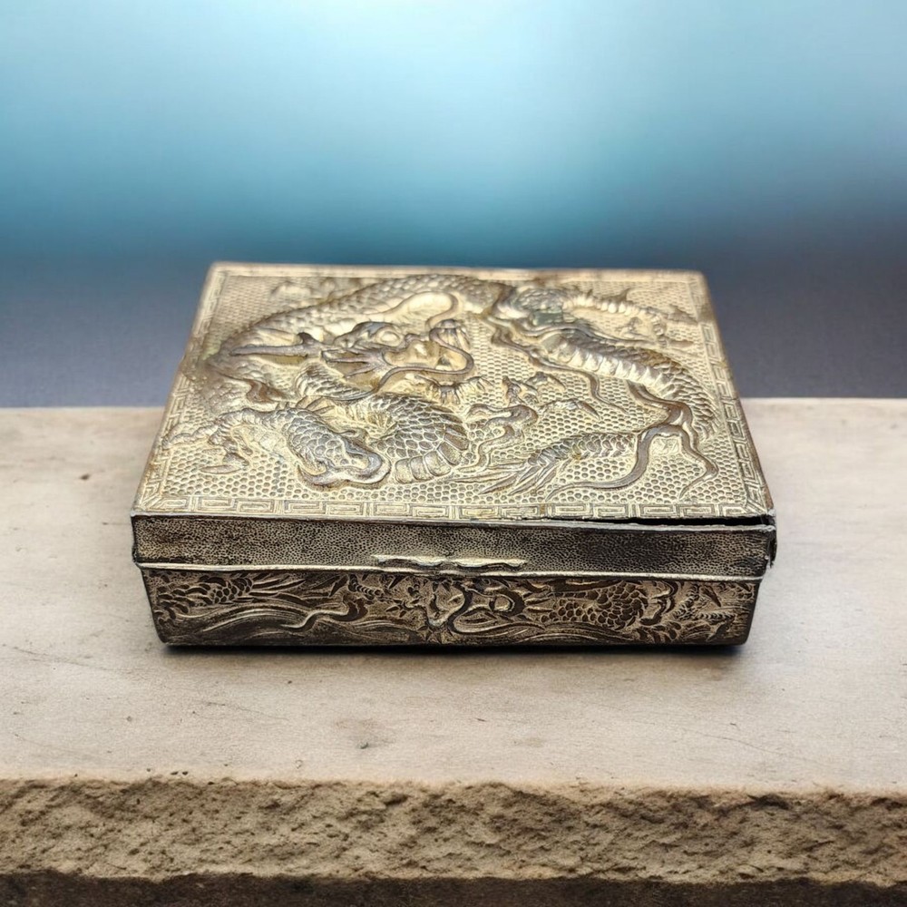 Antique Silverplate Japanese Dragon Cigarette/Match Box