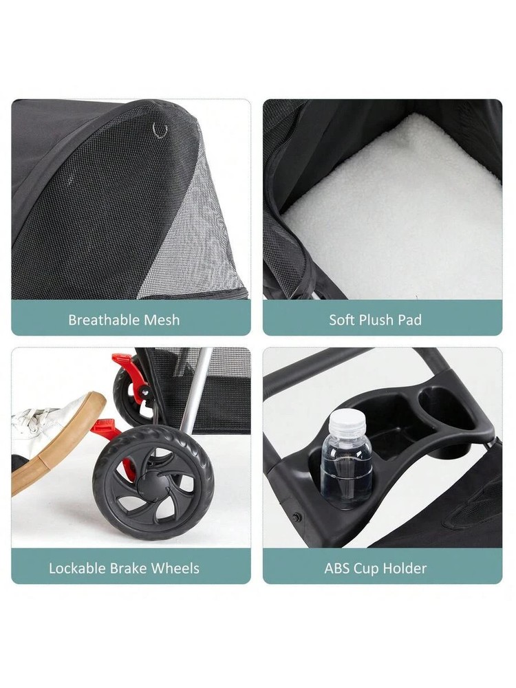 3 Wheels Pet Stroller Cats Dog Strollers Storage Basket Cup Holder