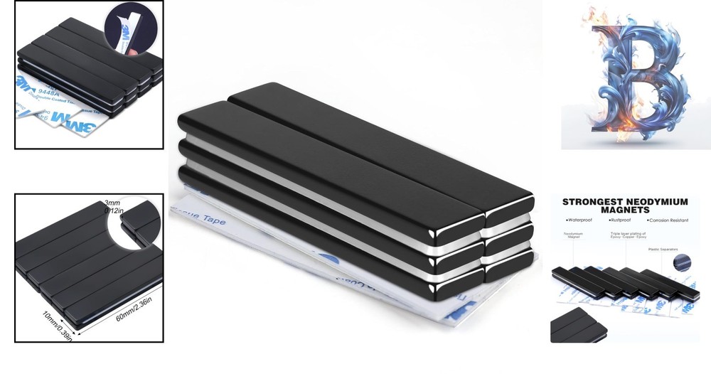 Neodymium Bar Magnets, 6 Pack, Rust-Resistant with Double-Sided Adhesive