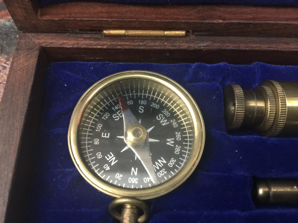 Vintage Navigation Set, Telescope, Compass, Magnifying Glass
