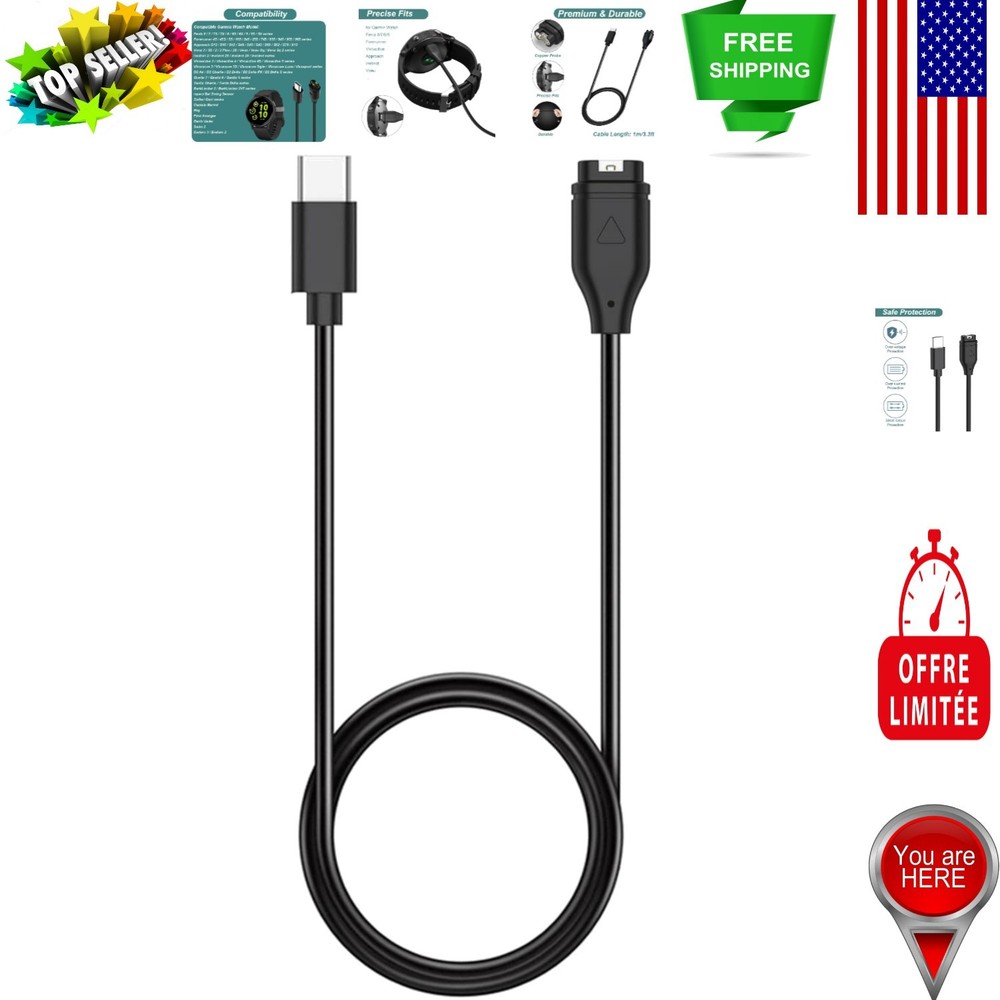 Durable Fast Charging USB-C Cable for Garmin Devices - 5W, 2.5 Hour Full Charge