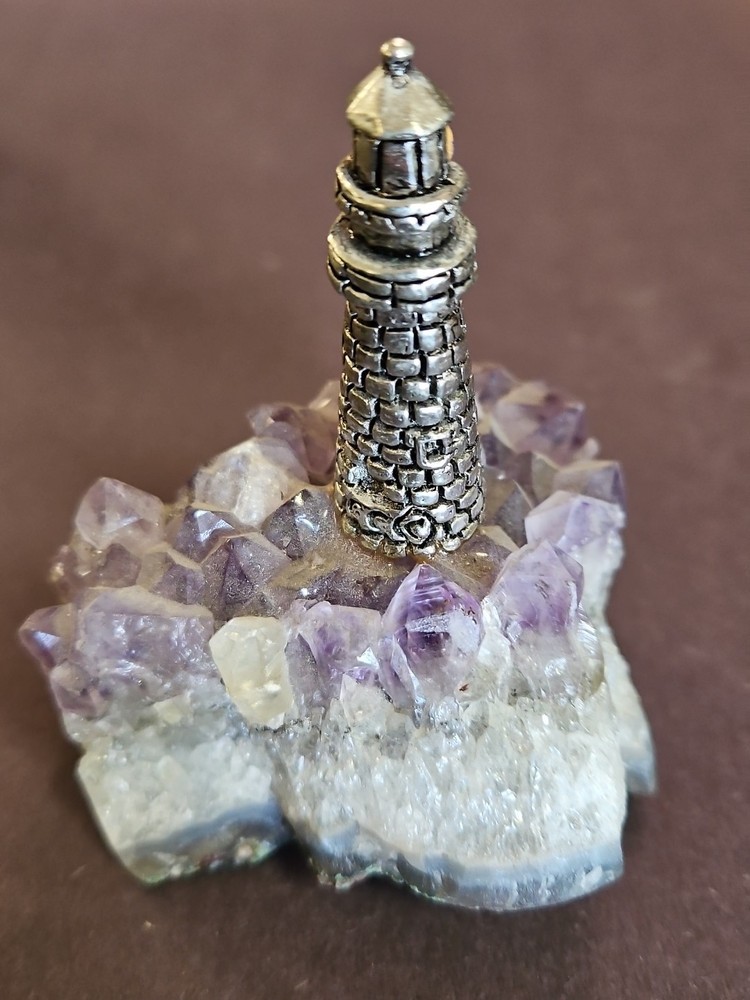 Pewter Lighthouse Blue Crystal "Light" Raw Amethyst Base