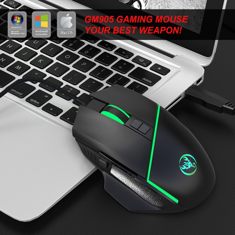 A876 wired gaming mouse with colorful synchronized lighting, 6400dpi adjustable