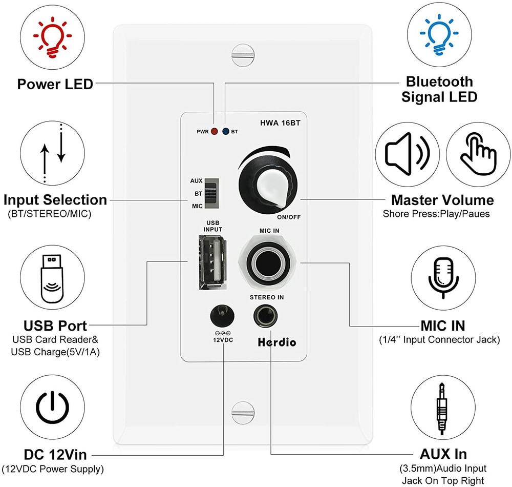 Herdio 6.5" Ceiling Speakers Bluetooth Wall Amplifier Flush Mount Stereo 2Pcs*