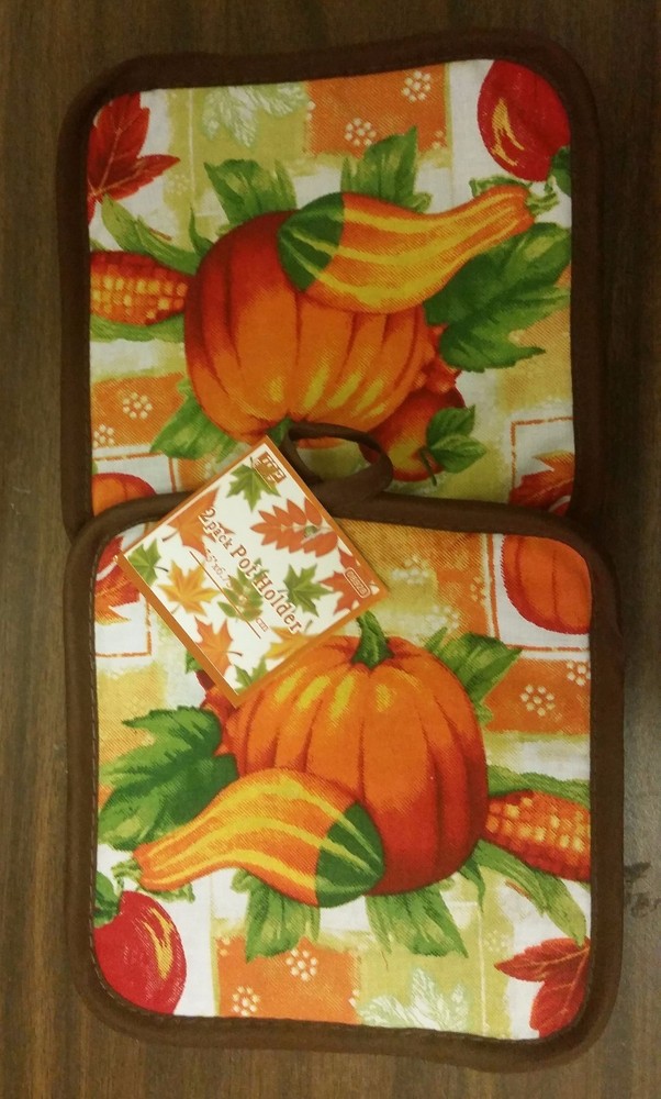 2 Fabric Printed Pot Holders, PUMPKIN & CORN, by TG