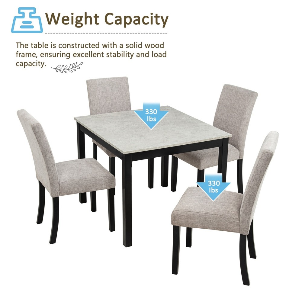 5-Piece Dining Table Set with Square Solid Wood Table and 4 Upholstered Chairs
