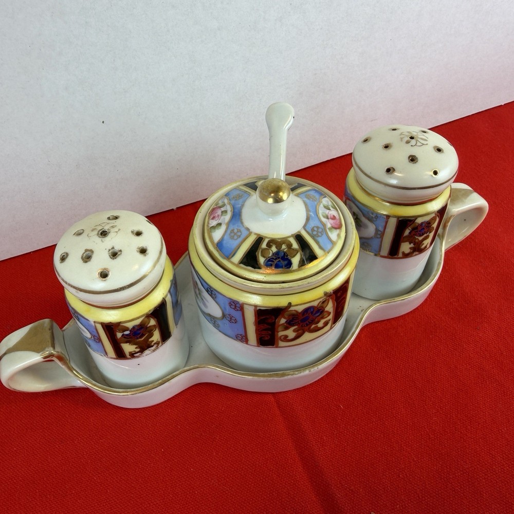 Noritake Lusterware Hand Painted Condiment Set Salt Pepper Jar Spoon Plate 6 Pc