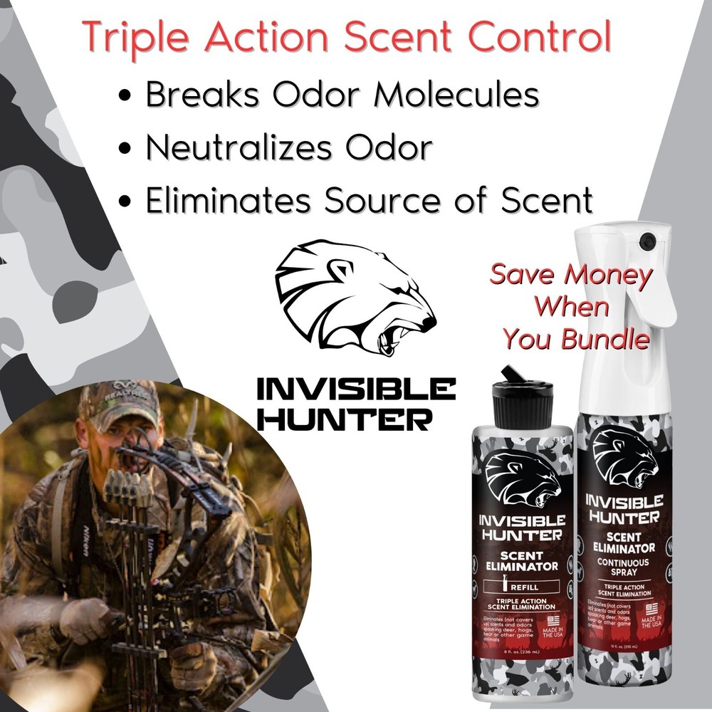 Invisible Hunter Scent Elimination Spray/Refill Bundle; Triple Action Control
