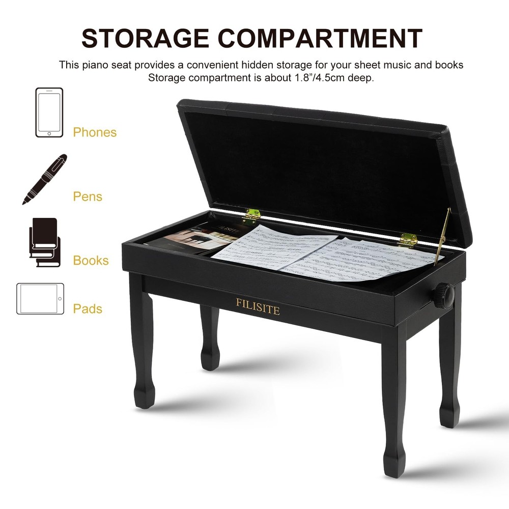 Adjustable Height Piano Bench with Storage, Solid Wood Duet Keyboard Stool, W...