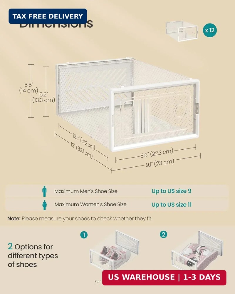 SONGMICS Stackable Shoe Boxes, Foldable Shoe Storage Organizers, Ventilated, for