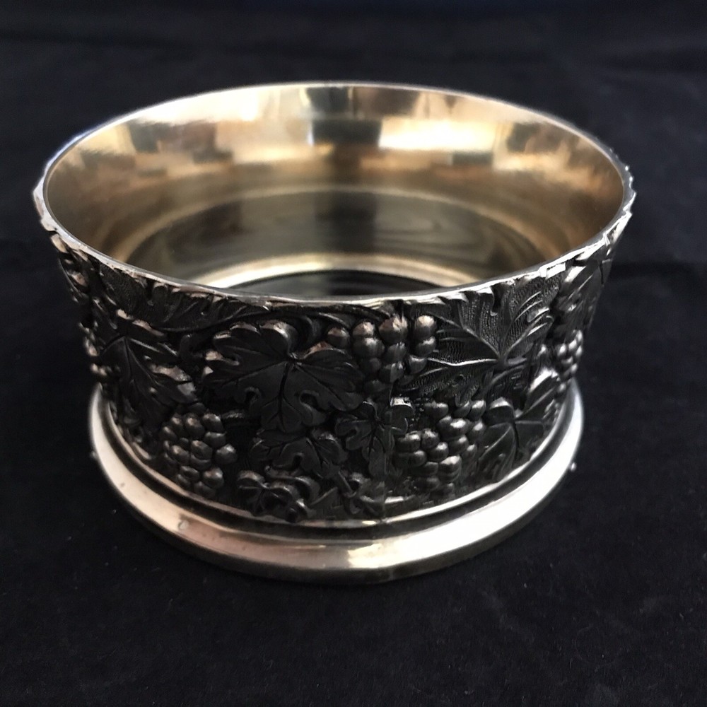 Wine Champagne Bottle Coaster Grapes Silverplate