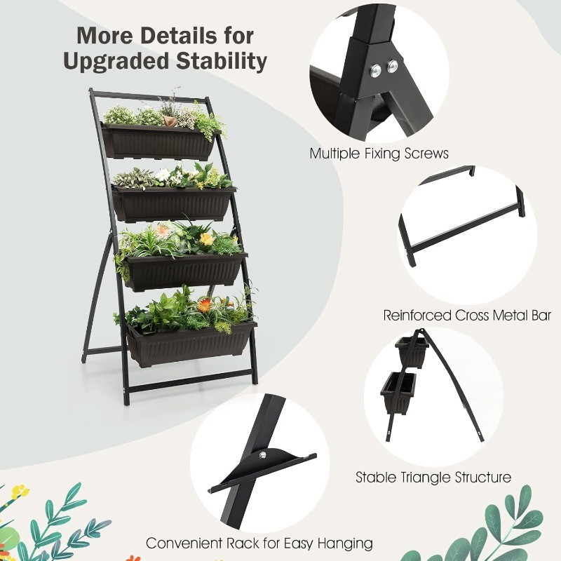 2Pcs 5.2FT Vertical Raised Garden Bed 4-Tier Elevated Planter Box W/4 Containers