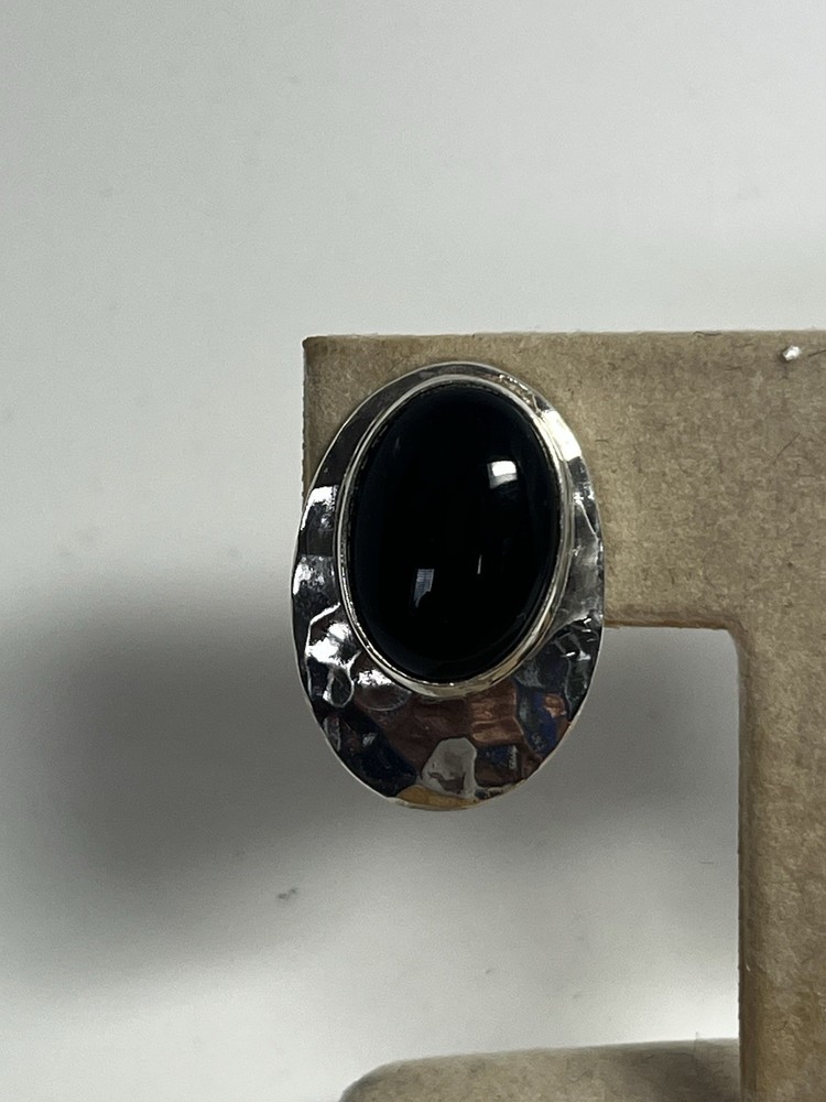Sterling Black Onyx Earrings Hammered Silver Pierced Signed