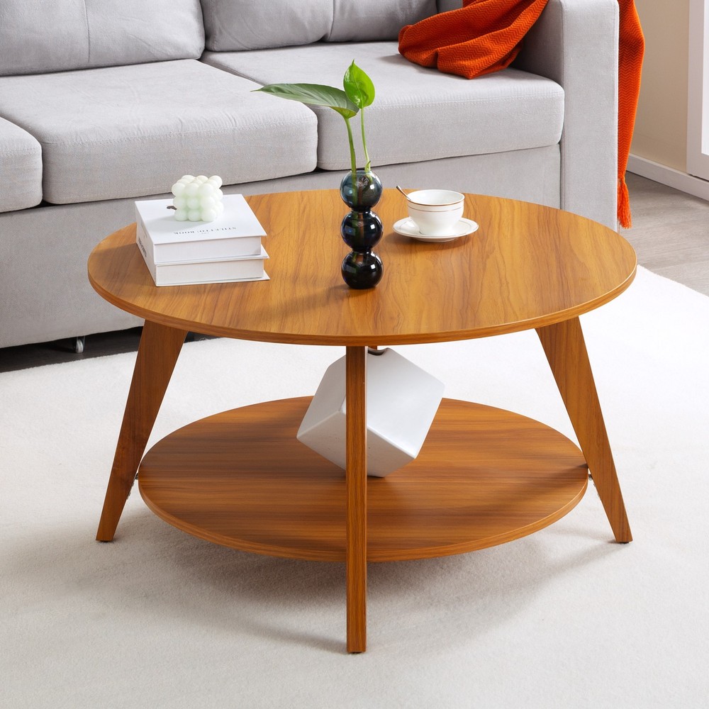 31.5" Round End Table 2-Tier Storage Shelf Walnut Finish Modern Accent Table