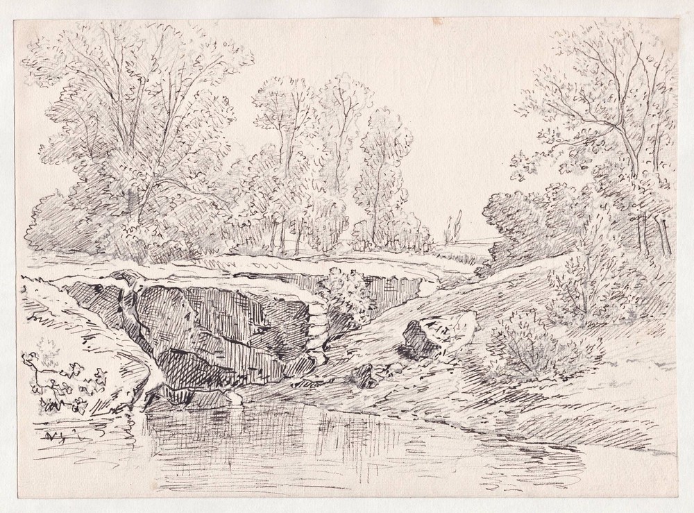 Emeric De Tamagnon - River Landscape Trees Drawing