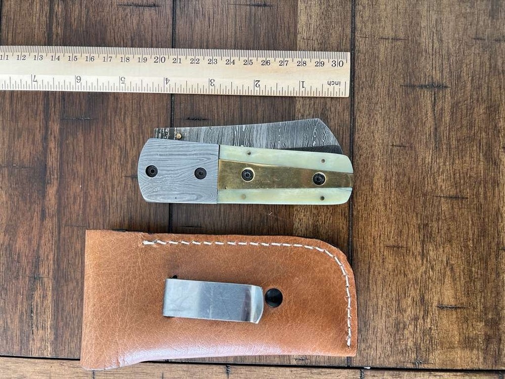 CUSTOM HANDMADE DAMASCUS COLORED CATTLE BONE HANDLE FOLDING KNIFE W/ SHEATH 29