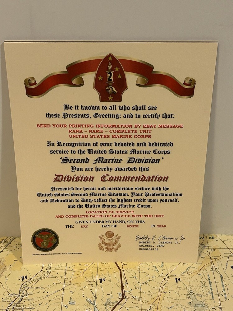 U.S.M.C. / 2ND MARINE DIVISION ~ DIVISION COMMENDATION REPLACEMENT CERTIFICATE