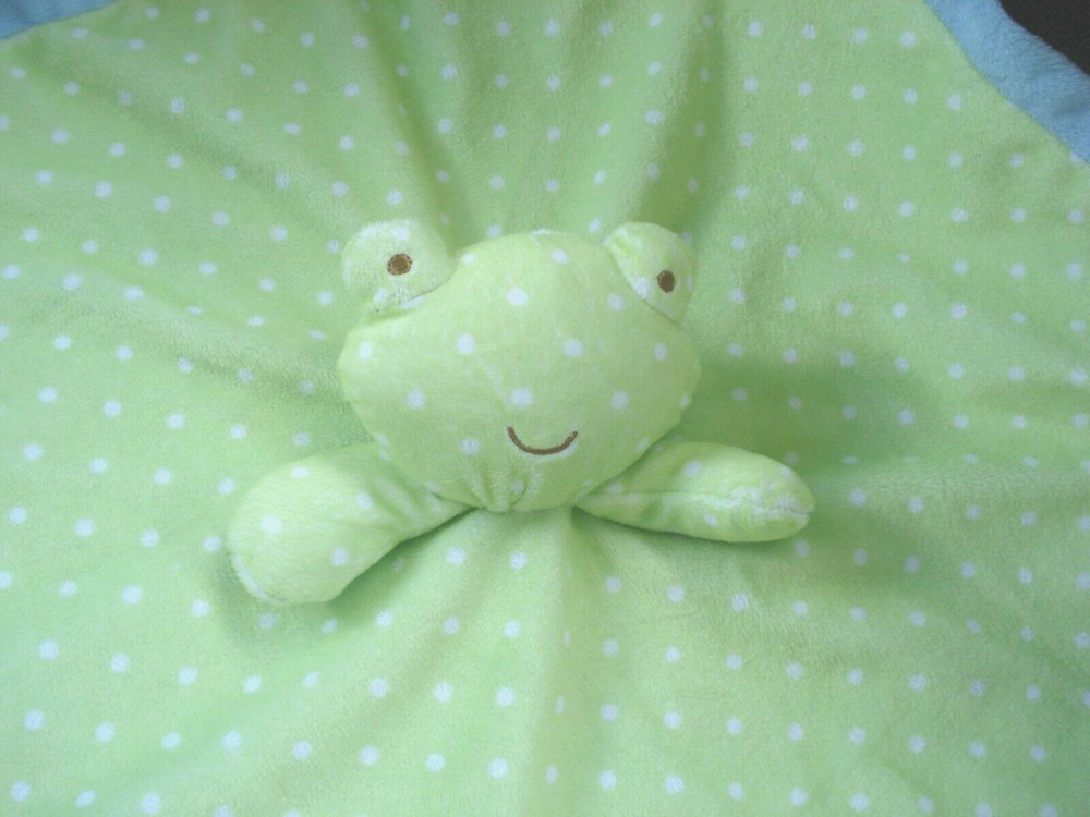 Early Days Green White Dot Frog Security Blanket Blue Satin