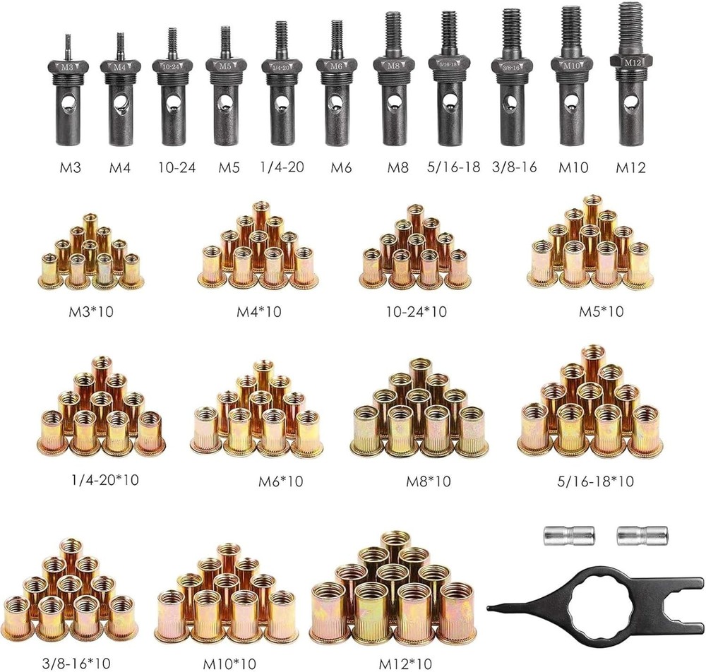Complete 16" Rivet Nut Tool Set with 11 Mandrels & 110 Rivnuts - Industry Ready