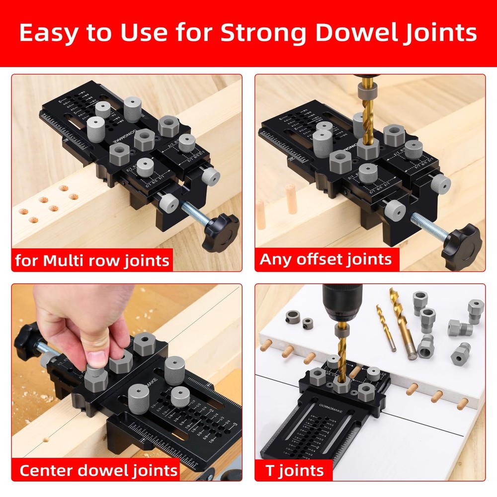 GOINGMAKE Dowel Jig Kit with Quick Positive Stop and Clamp, Adjustable Doweli...