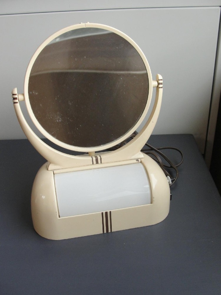 Vintage Lighted Table Top Vanity Double Mirror Art Deco Style Container Lid Base