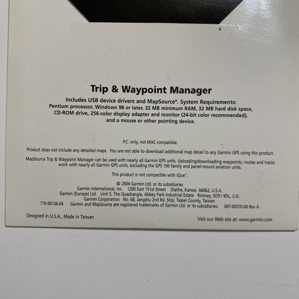 Garmin MapSource Trip & Waypoint Manager v2.02 CD OEM Windows 98 GPS Software