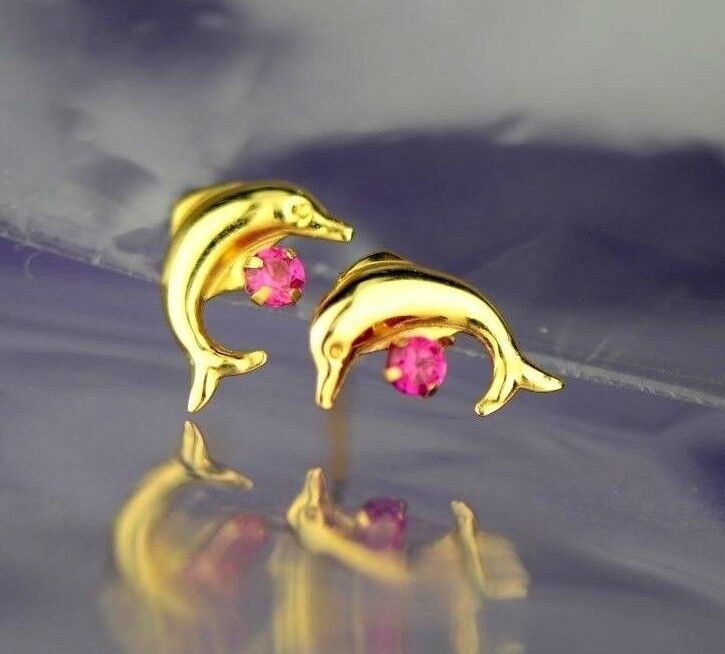 14k yellow gold dolphin earrings stud cz