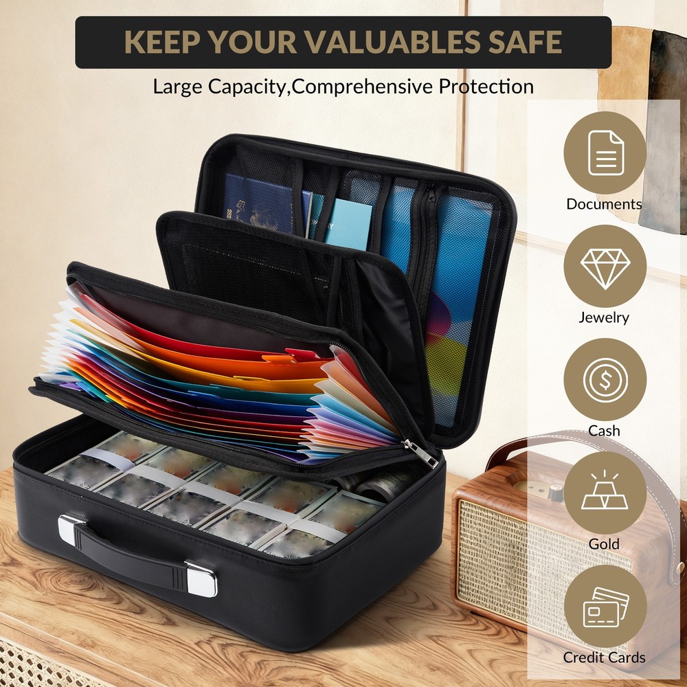 Fireproof Document Box with Lock, Waterproof Hard Case File Organizer Portable