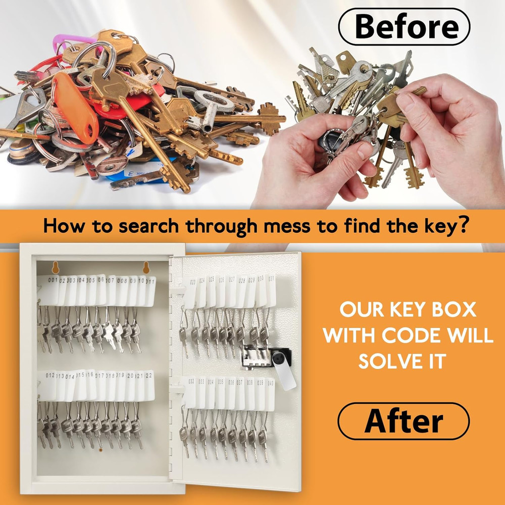 Key Storage Lock Box with Code,Locking Key Cabinet, 40 Key Management Wall Mount