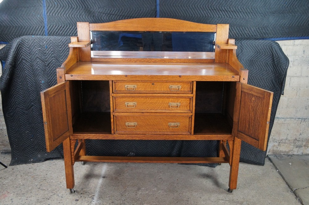 Antique Come-Packt Quartersawn Oak Mission Buffet Sideboard Server w Mirror