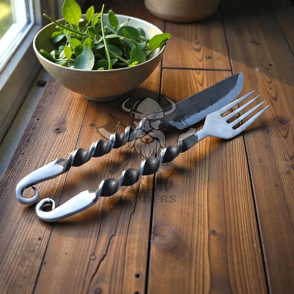 Hand Forged Medieval Iron Knife & Fork Set – Rustic Dining Cutlery
