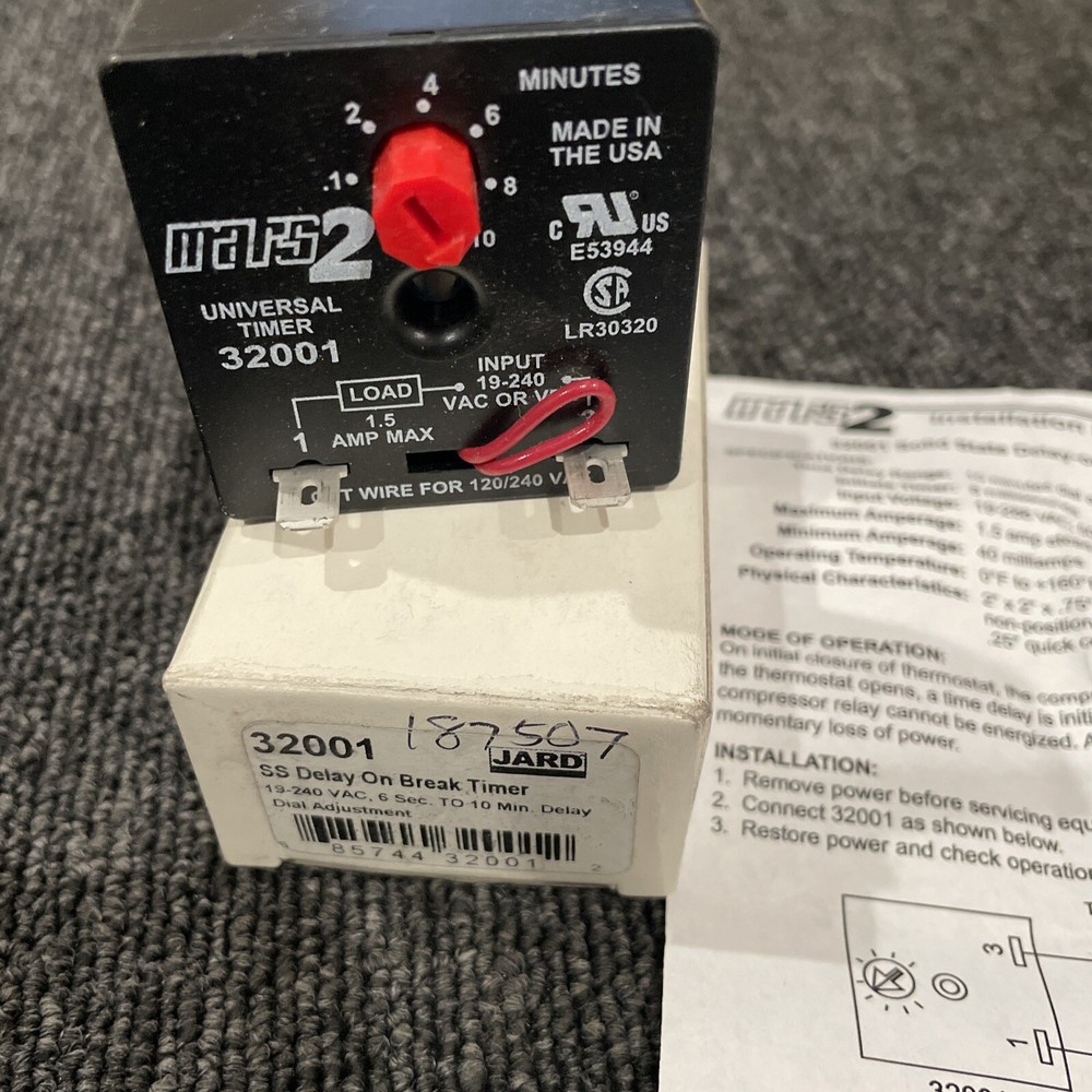 JARD 32001 SOLID STATE DELAY-ON-BREAK TIMER 19 - 240VAC 6SEC - 10 MIN.DELAY