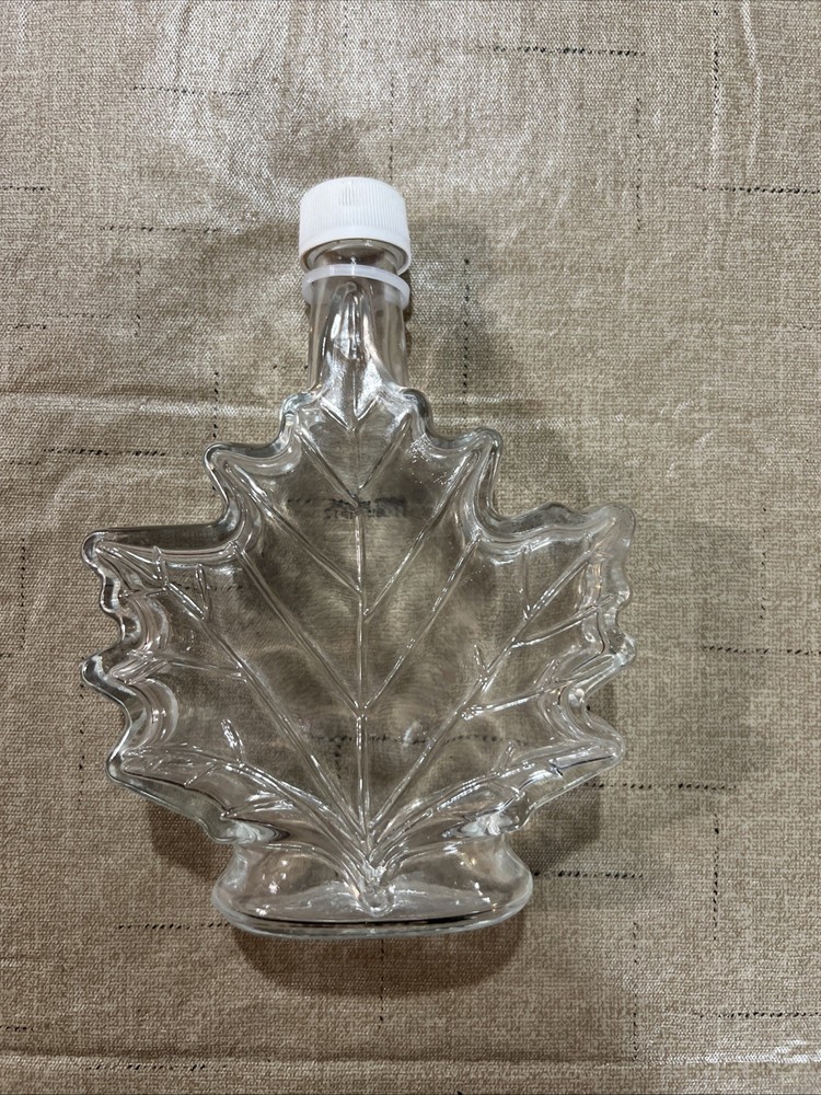 Empty Maple Leaf Pressed Glass Bottle With Lid 6.5” Stamped