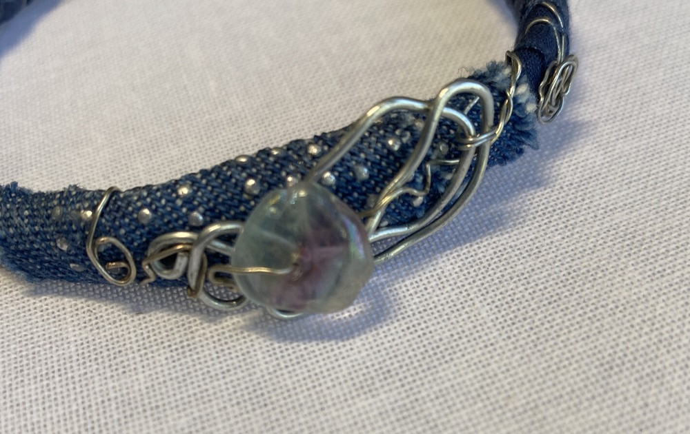 Handcrafted Bangle Blue Denim Fabric With Silver Tone Wire Art Design